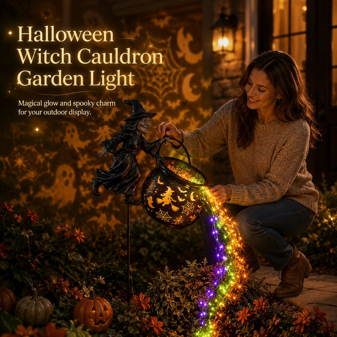 Halloween Hexenkessel-Gartenlampe mit buntem Leuchten und gruseligen Projektionen