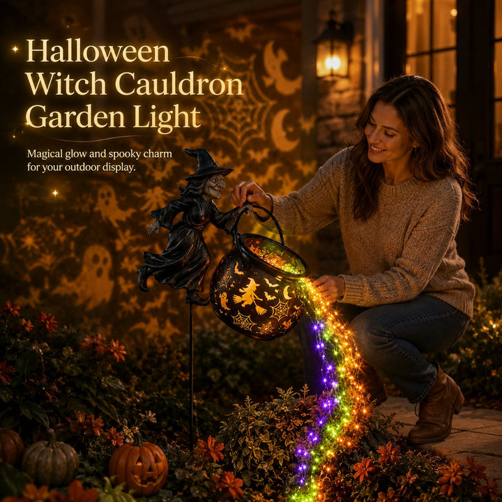 Halloween Hexenkessel-Gartenlampe mit buntem Leuchten und gruseligen Projektionen