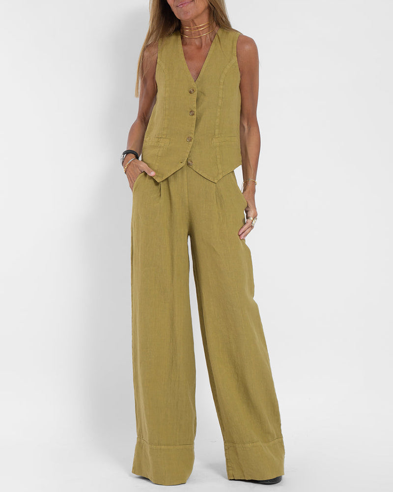 Leinen 2-teiliges Set mit weiter Hose und Weste – Alma