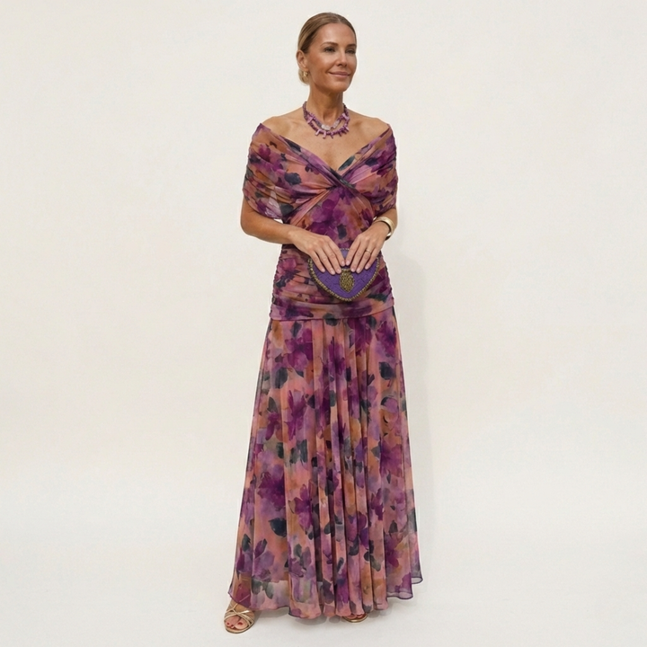 Langes, elegantes, fliessendes Damenkleid – V-Ausschnitt, raffiniertes Design