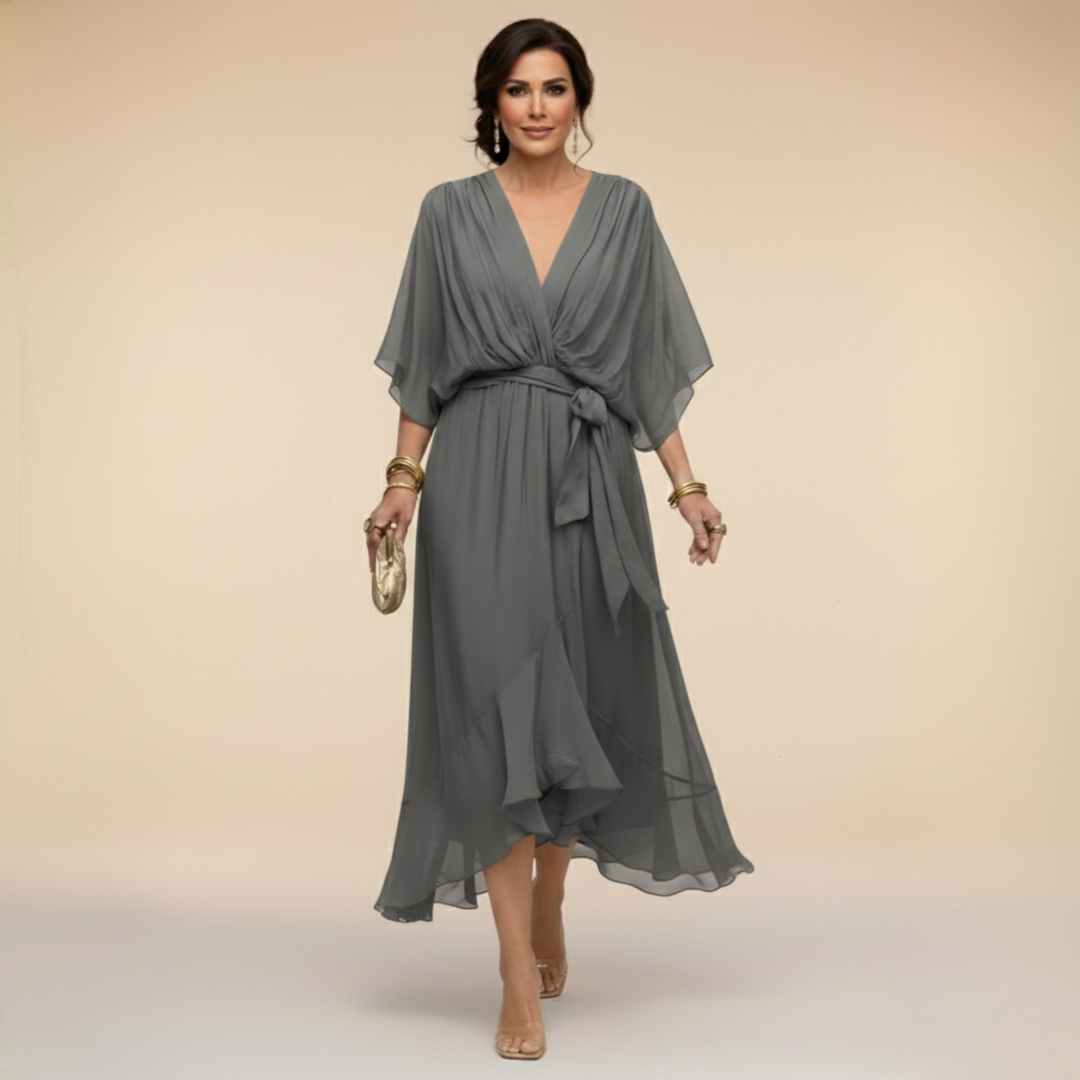 Elegantes, fliessendes Midikleid für Damen – V-Ausschnitt & verstellbare Taille