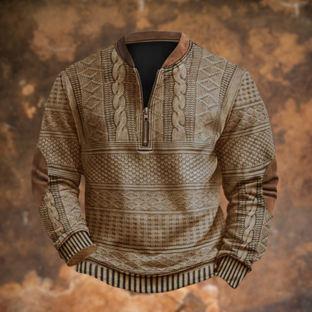 Herren-Strickpullover mit halbem Reißverschluss und Ellbogenpatches