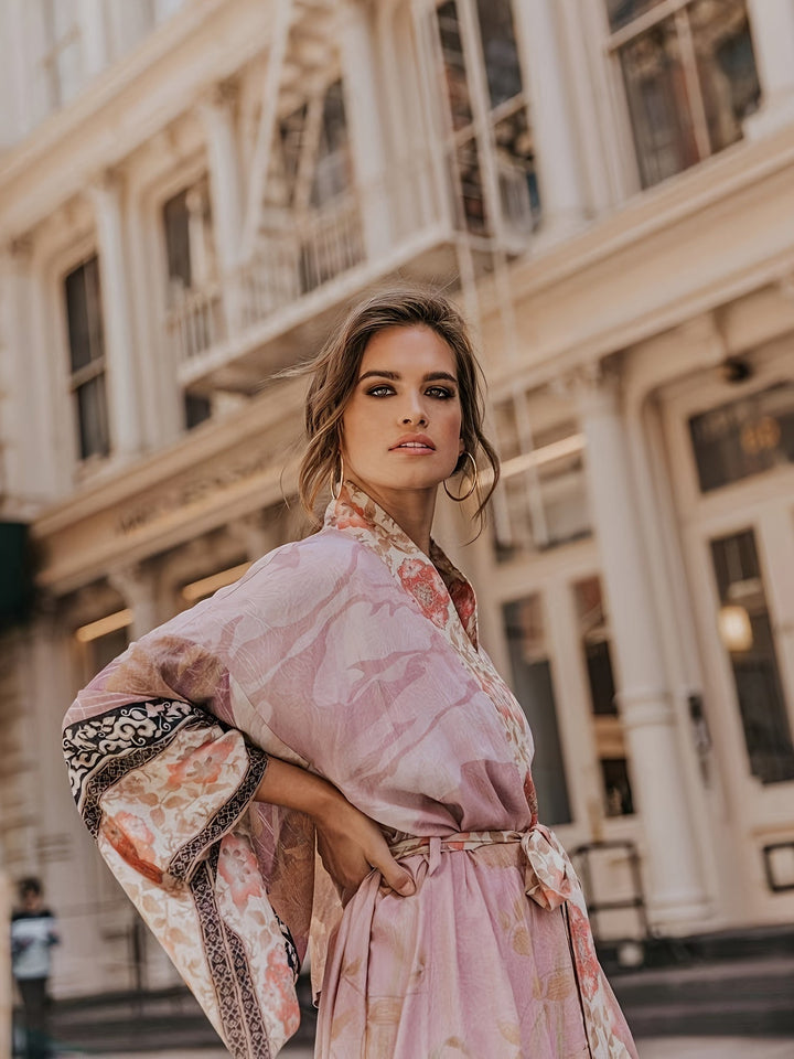 Kimono mit rotem Blumenprint - Isabella
