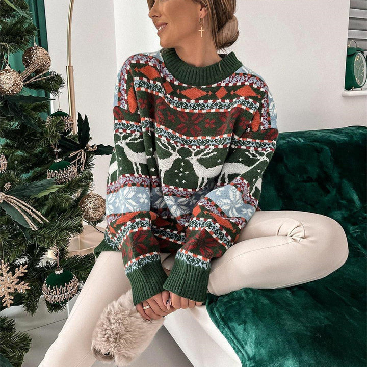 Weihnachtspullover für Damen mit Jacquardmuster und Rundhals, locker geschnitten