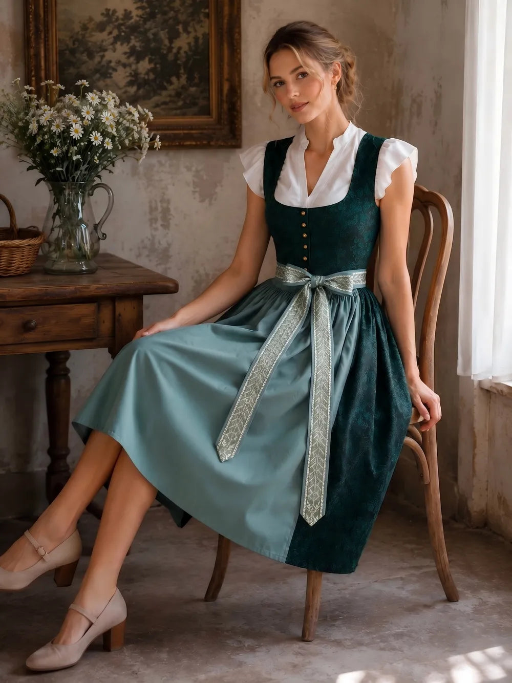 Gewebtes Kleid mit vorn abgerundetem Saum und Schnürung