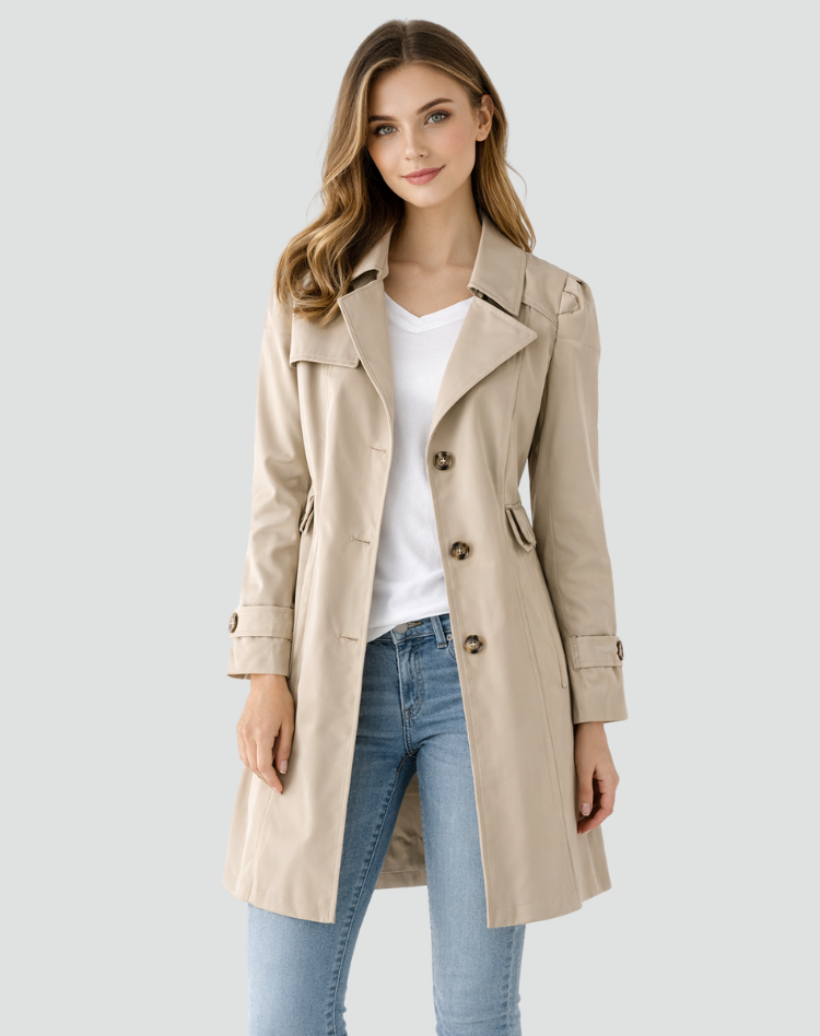 Taillierter Damen-Trenchcoat mit klassischem Revers, mittellang