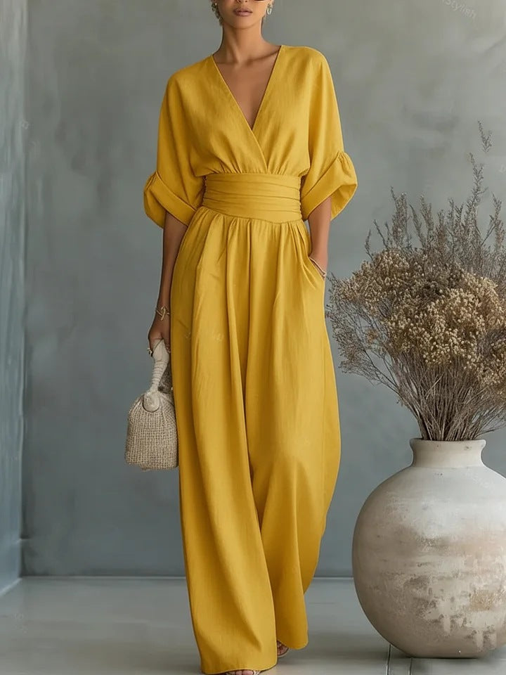 Eleganter Damen-Jumpsuit mit weitem Bein, V-Ausschnitt und fließendem Schnitt