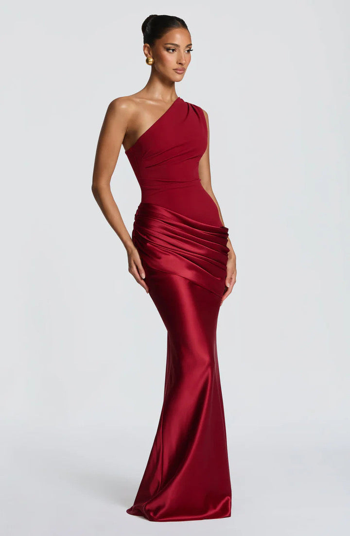 Sidonie einseitig geschultertes, drapiertes Maxikleid aus Satin