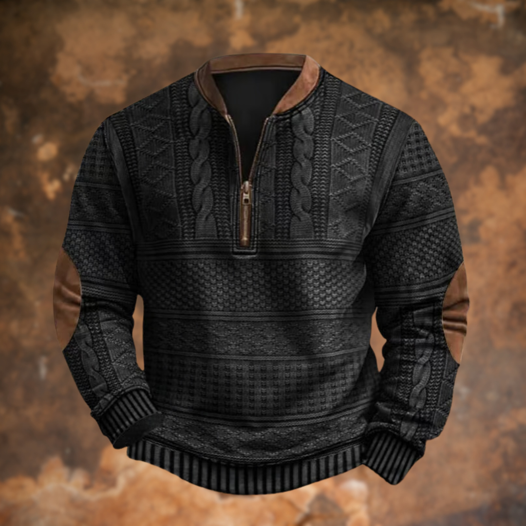 Herren-Strickpullover mit halbem Reißverschluss und Ellbogenpatches