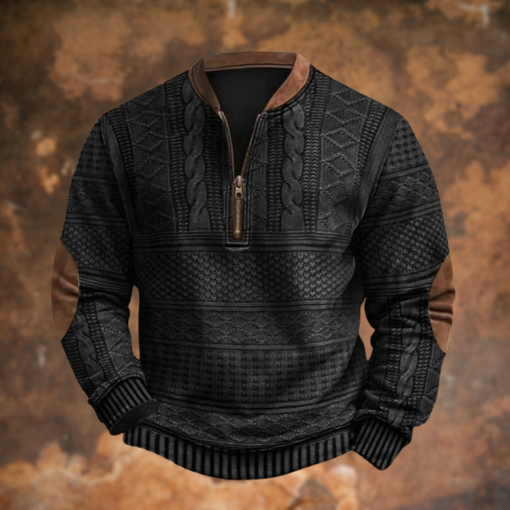Herren-Strickpullover mit halbem Reißverschluss und Ellbogenpatches