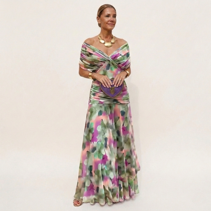 Langes, elegantes, fliessendes Damenkleid – V-Ausschnitt, raffiniertes Design