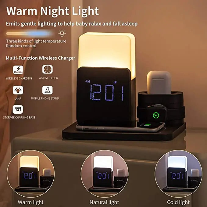 Multifunktionale Kabellose Ladestation – Mit Lampe und Wecker