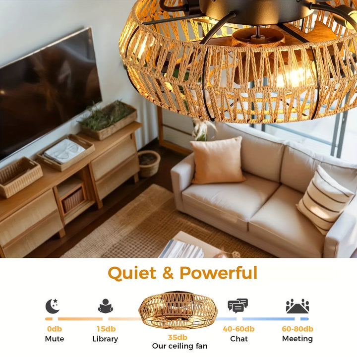 Amara Deckenventilator aus handgeflochtenem Luxus-Rattan - Ein Einrichtungselement im Zen-Stil, äußerst leise