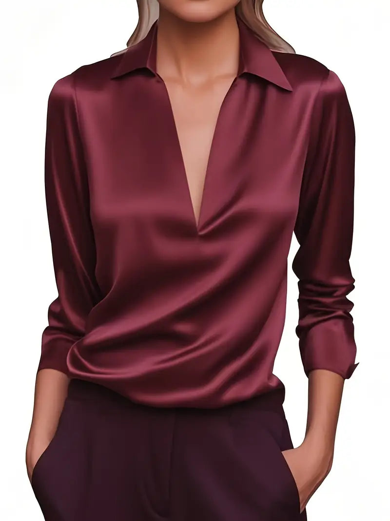 Damen-Satinbluse mit V-Ausschnitt und drapiertem Kragen