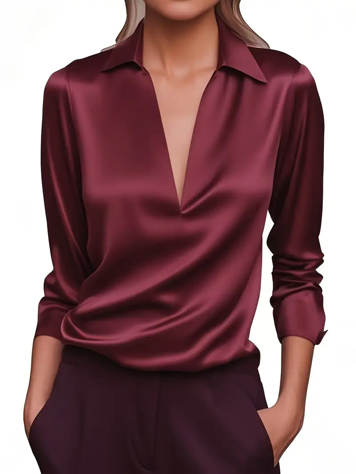 Damen-Satinbluse mit V-Ausschnitt und drapiertem Kragen