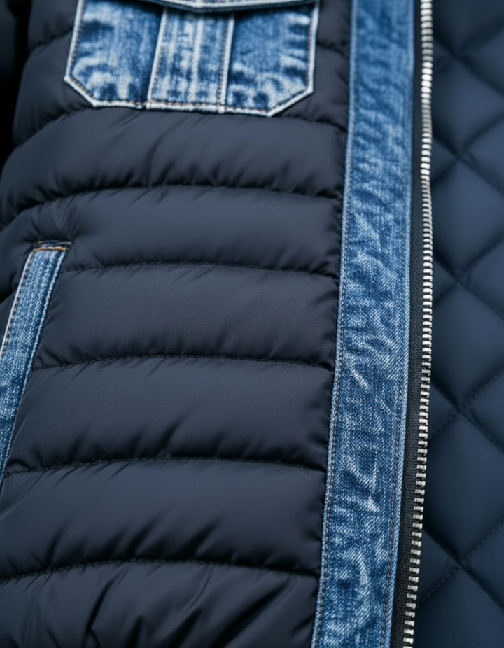 Gesteppte Herren-Jeansjacke mit Stehkragen und Reissverschluss vorn, blau