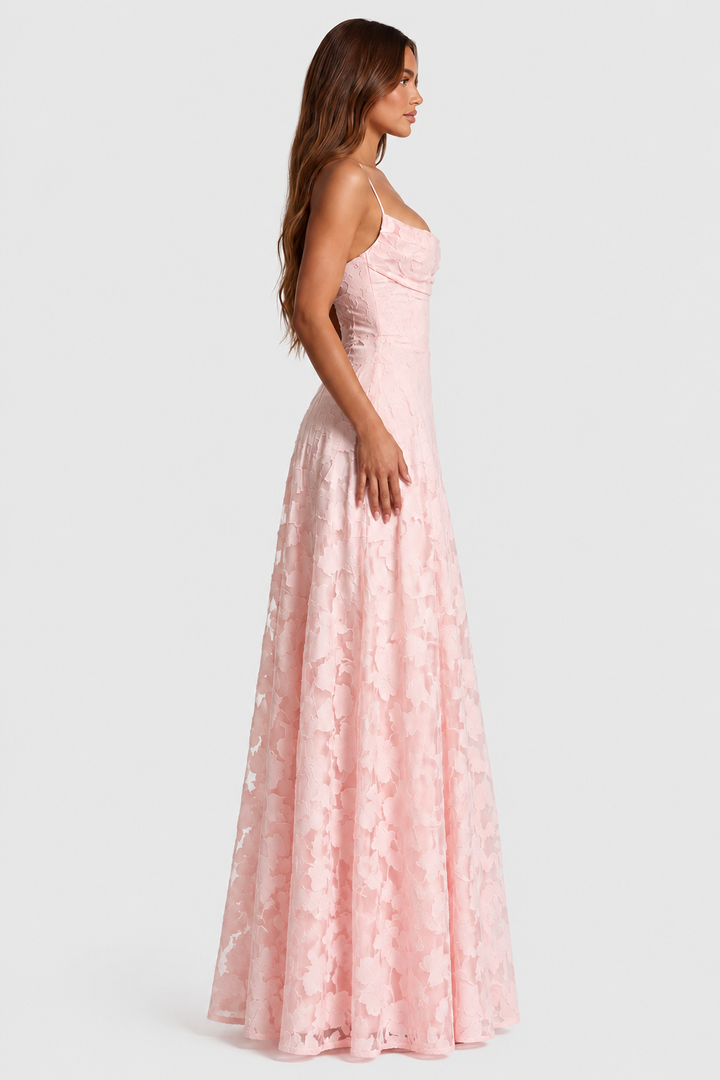Erhöhtes 3D-Blumen-Spitzen A-Linien Midi-Maxi-Kleid mit drapiertem Ausschnitt