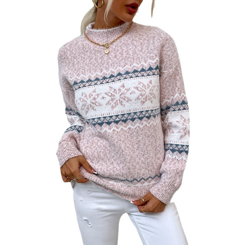 Strick-Weihnachtspullover mit Schneeflocken und Stehkragen für Damen