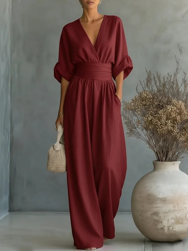 Eleganter Damen-Jumpsuit mit weitem Bein, V-Ausschnitt und fließendem Schnitt
