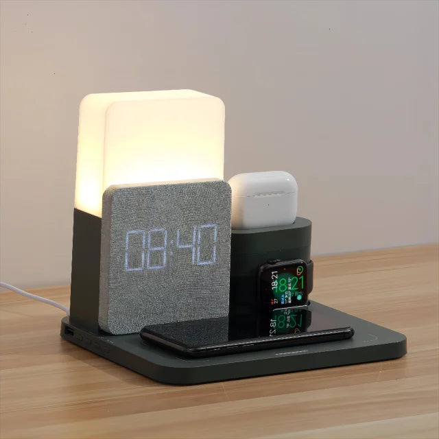Multifunktionale Kabellose Ladestation – Mit Lampe und Wecker