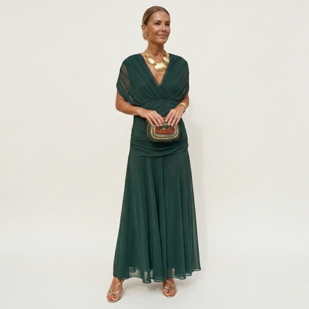 Langes, elegantes, fliessendes Damenkleid – V-Ausschnitt, raffiniertes Design