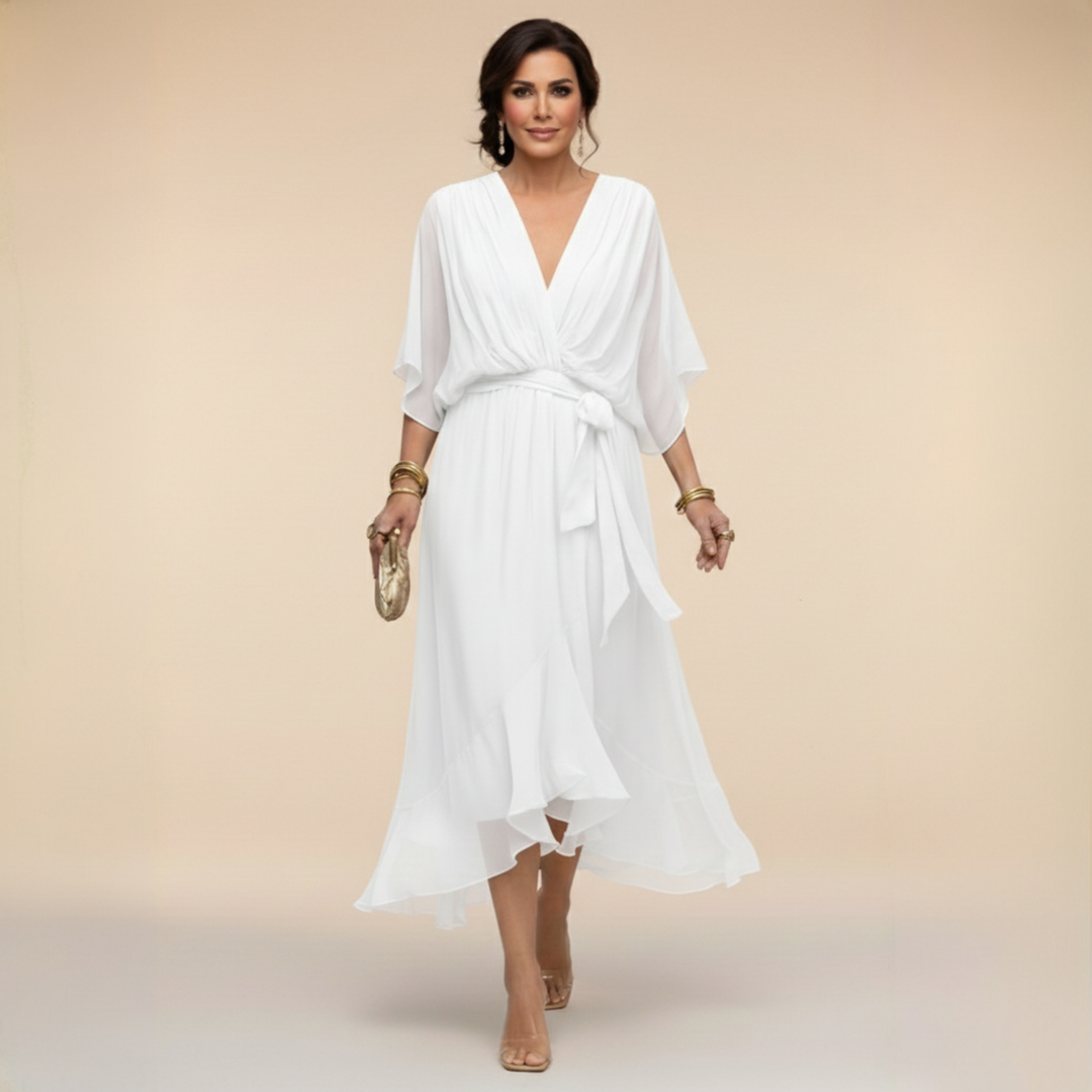 Elegantes, fliessendes Midikleid für Damen – V-Ausschnitt & verstellbare Taille