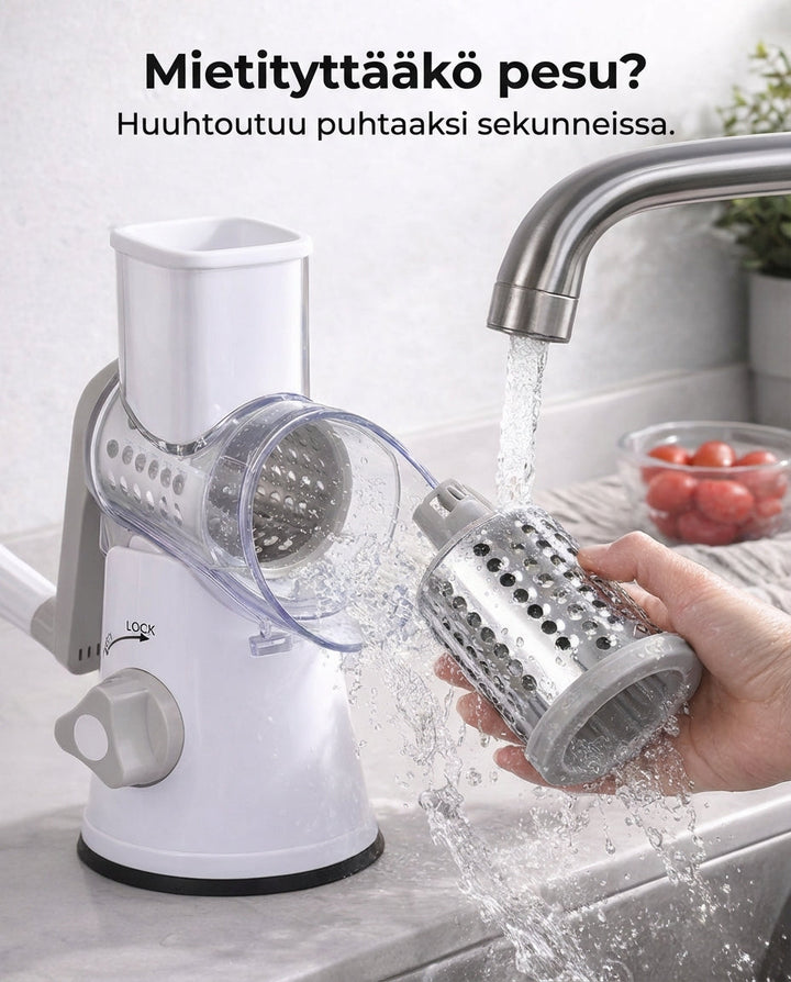 3-in-1 Rotationsgemüseschneider mit Saugfuß und austauschbaren Trommeln