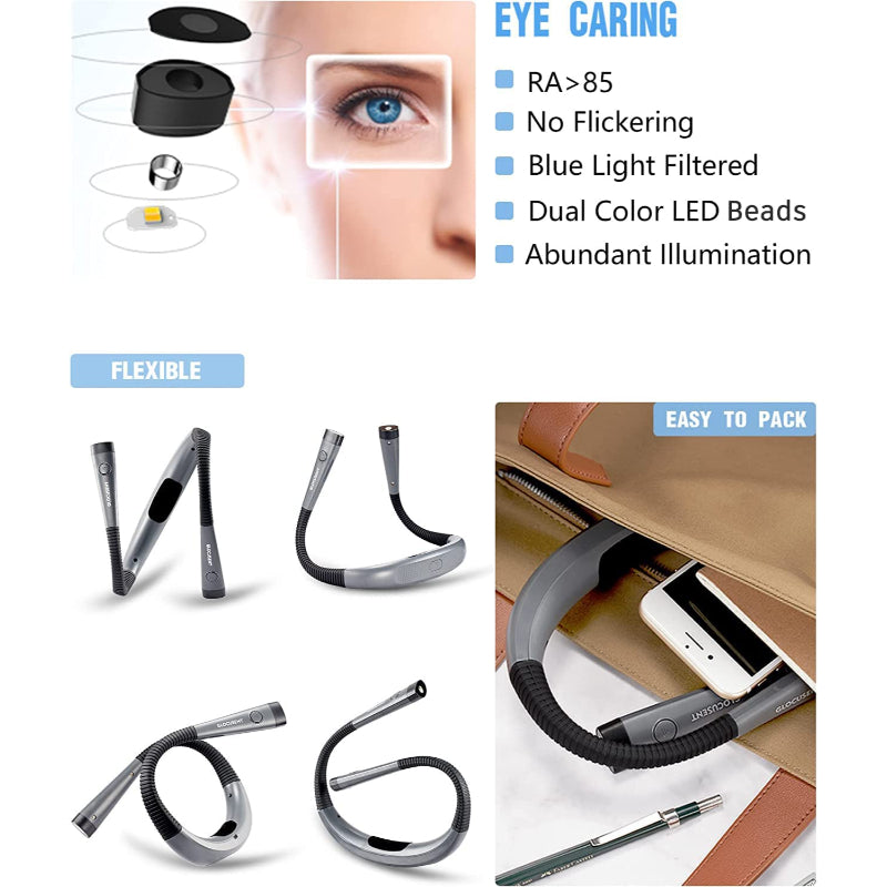 LED-Nackenleseleuchte, Leselicht fürs Bett, 3 Farben, 6 Helligkeitsstufen, flexibler Arm, wiederaufladbar, langlebig, perfekt zum Lesen, Stricken, Campen, Reparieren