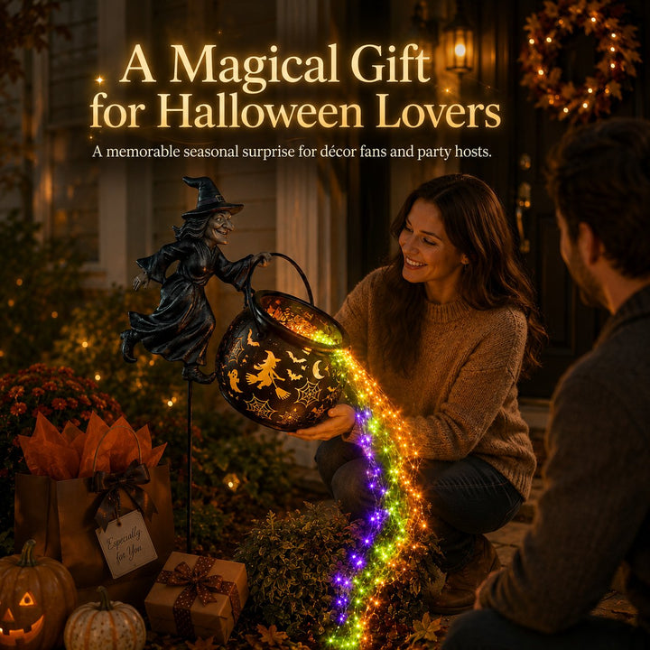 Halloween Hexenkessel-Gartenlampe mit buntem Leuchten und gruseligen Projektionen