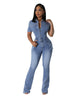 Blaues Denim-Jumpsuit für Damen mit geraden Beinen und langen Ärmeln