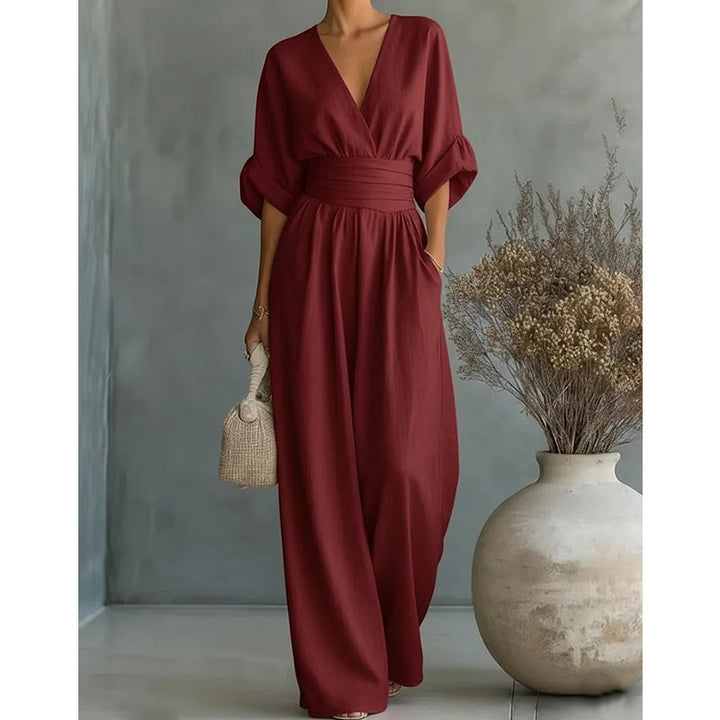 Eleganter Damen-Jumpsuit mit weitem Bein, V-Ausschnitt und fließendem Schnitt