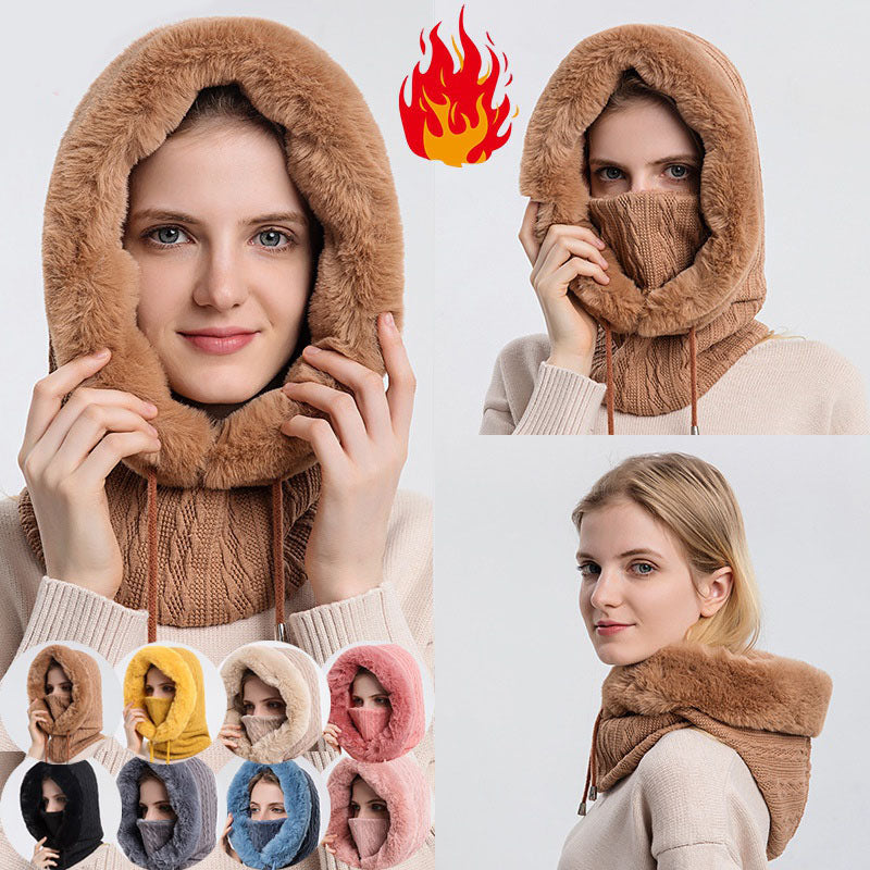 Plüsch-Kapuzenmütze mit Schal für Damen – warm und winddicht