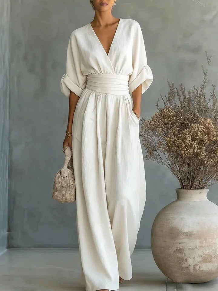Eleganter Damen-Jumpsuit mit weitem Bein, V-Ausschnitt und fließendem Schnitt