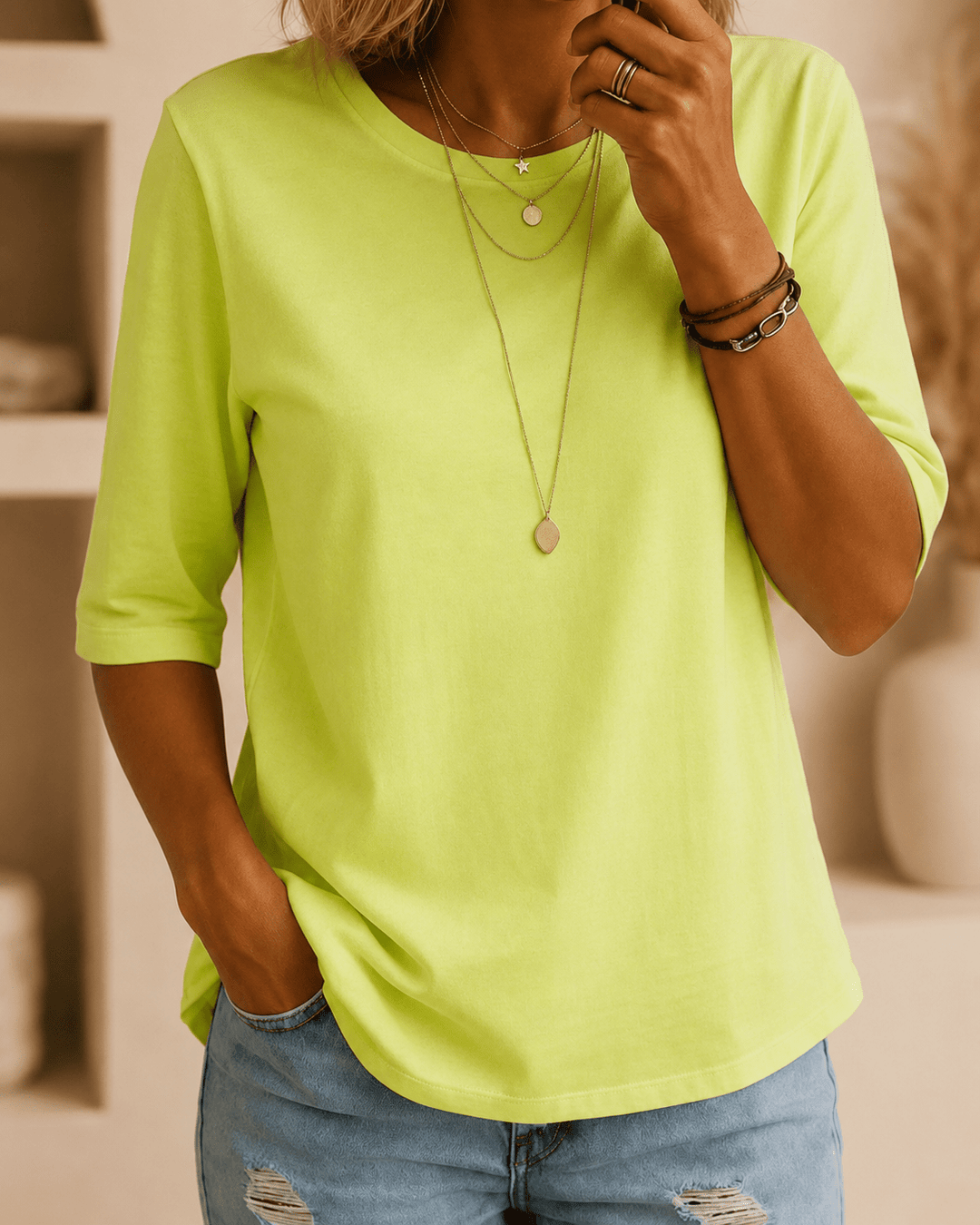 Essentielles T‑Shirt mit halben Ärmeln und Rundhalsausschnitt in Neongrün – legere Passform