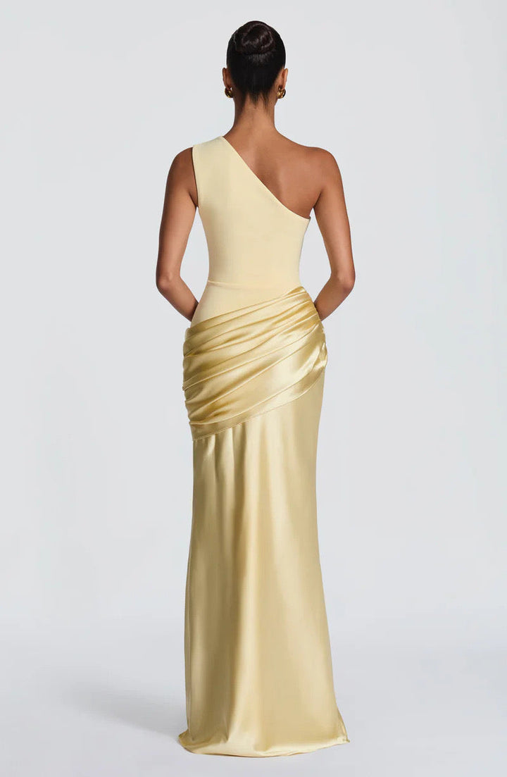 Sidonie einseitig geschultertes, drapiertes Maxikleid aus Satin