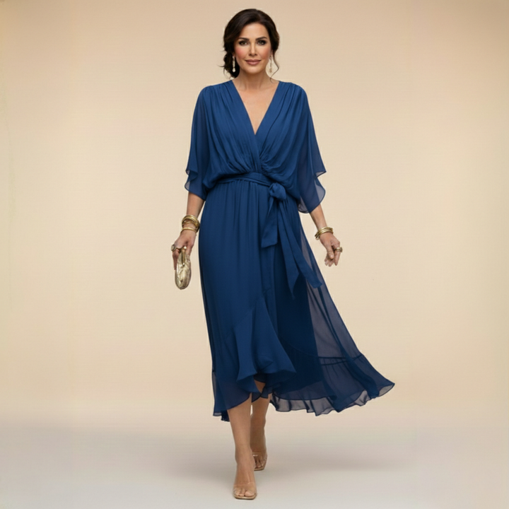 Elegantes, fliessendes Midikleid für Damen – V-Ausschnitt & verstellbare Taille