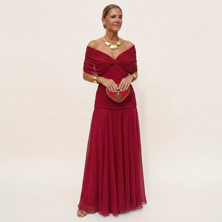 Langes, elegantes, fliessendes Damenkleid – V-Ausschnitt, raffiniertes Design