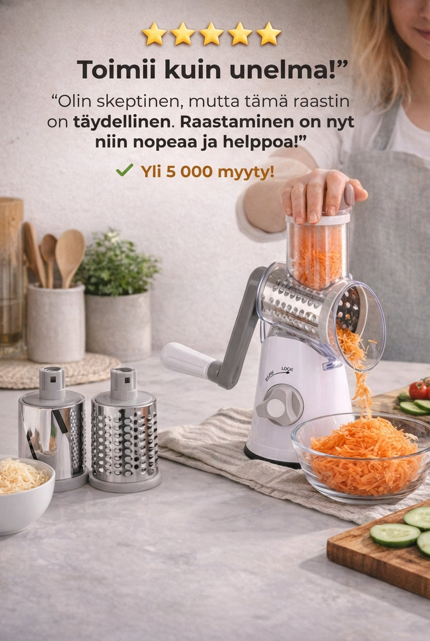 3-in-1 Rotationsgemüseschneider mit Saugfuß und austauschbaren Trommeln
