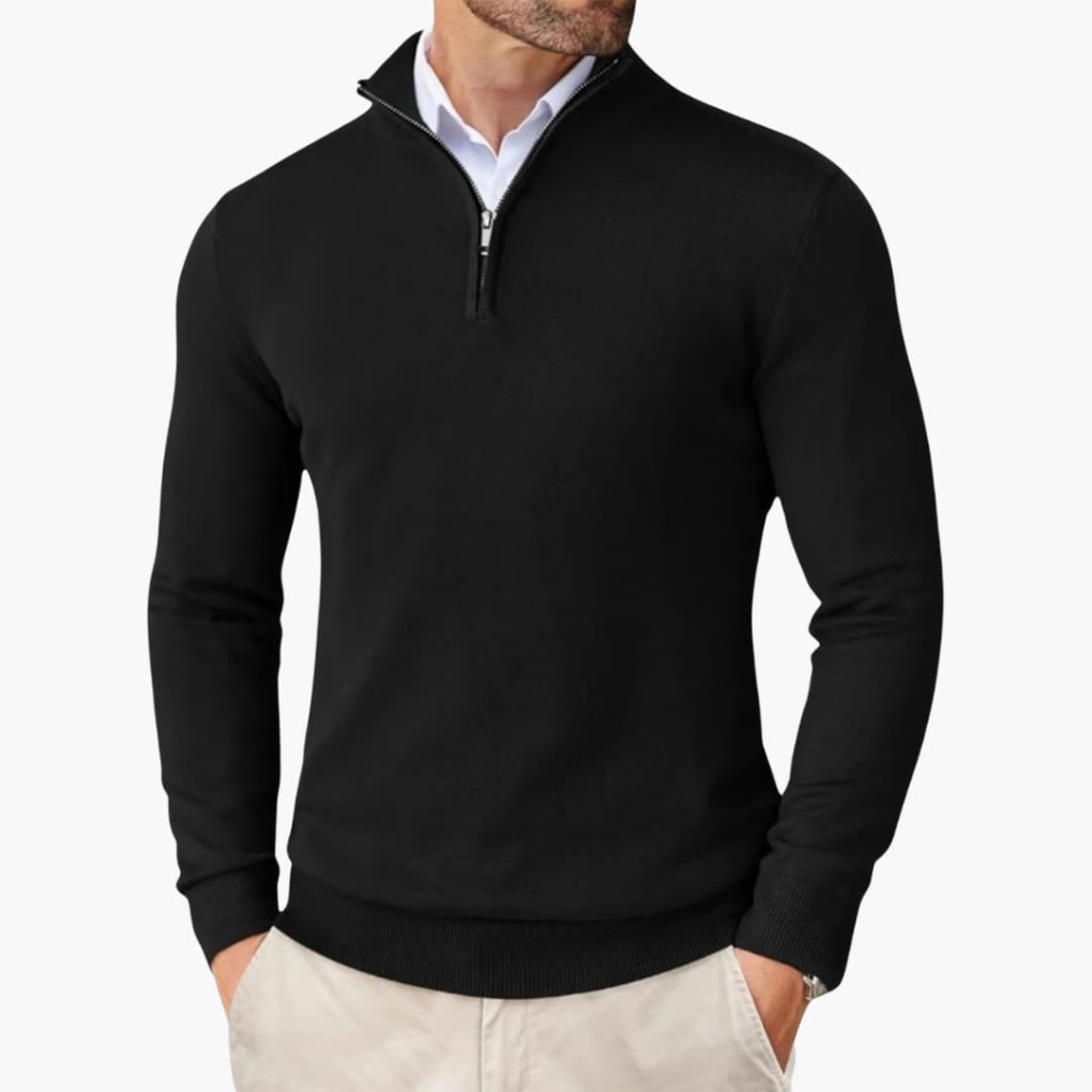 Herrenpullover mit Viertelreißverschluss und geripptem Saum