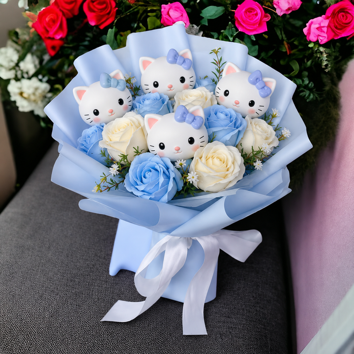 Bunter Kunstblumenstrauß mit Kitty-Figuren für Geschenke und Deko