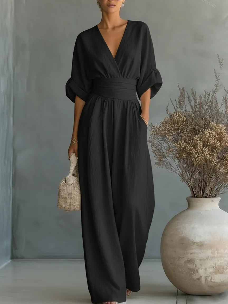 Eleganter Damen-Jumpsuit mit weitem Bein, V-Ausschnitt und fließendem Schnitt