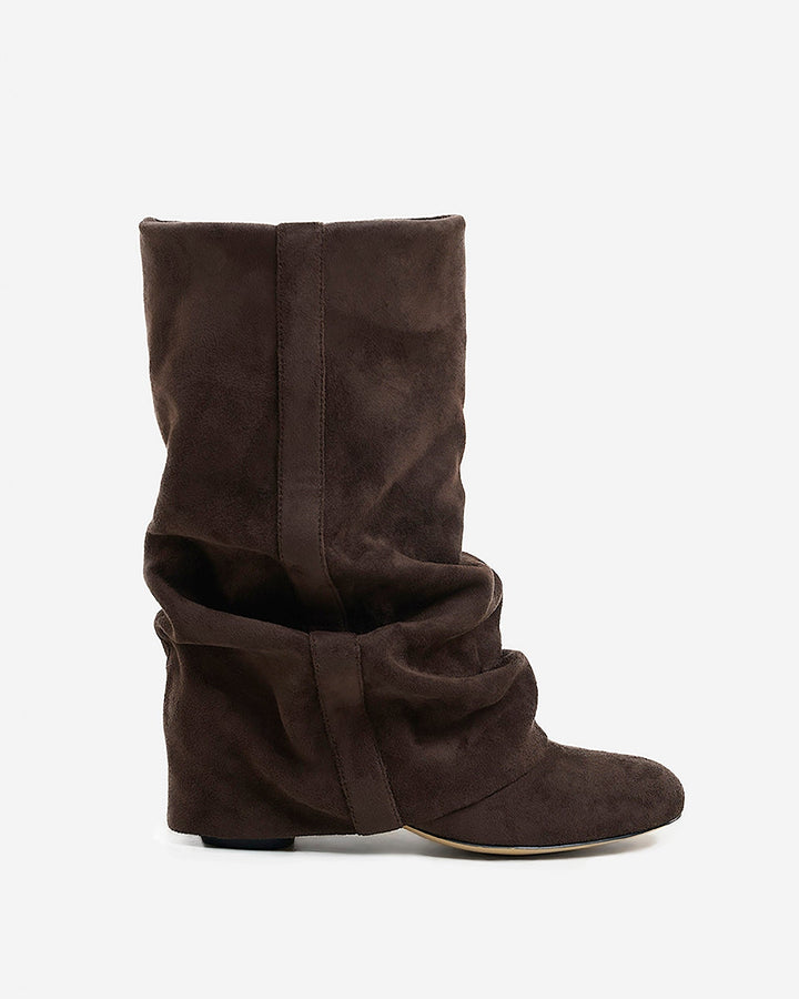 Damen Slouchy kniehohe Stiefel mit verborgenem Absatz, abgerundeter Spitze, Dunkle Schokolade