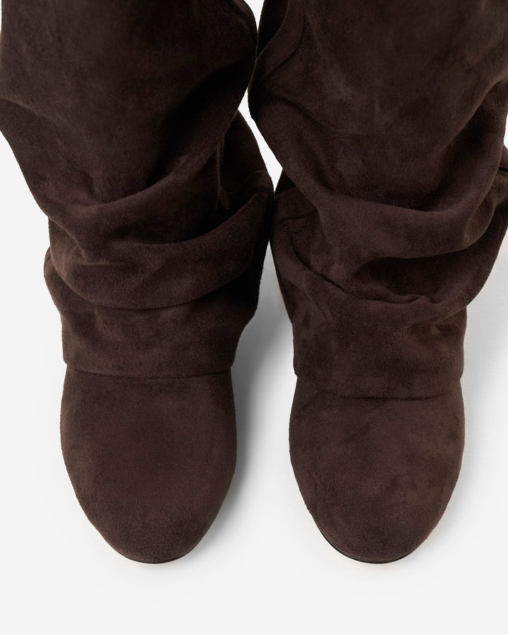 Damen Slouchy kniehohe Stiefel mit verborgenem Absatz, abgerundeter Spitze, Dunkle Schokolade