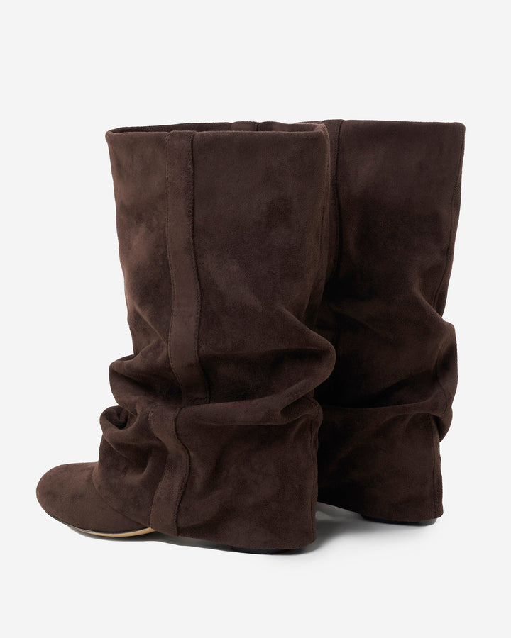 Damen Slouchy kniehohe Stiefel mit verborgenem Absatz, abgerundeter Spitze, Dunkle Schokolade