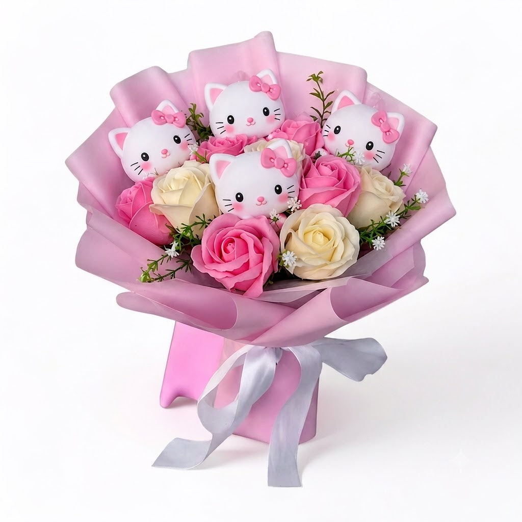 Bunter Kunstblumenstrauß mit Kitty-Figuren für Geschenke und Deko