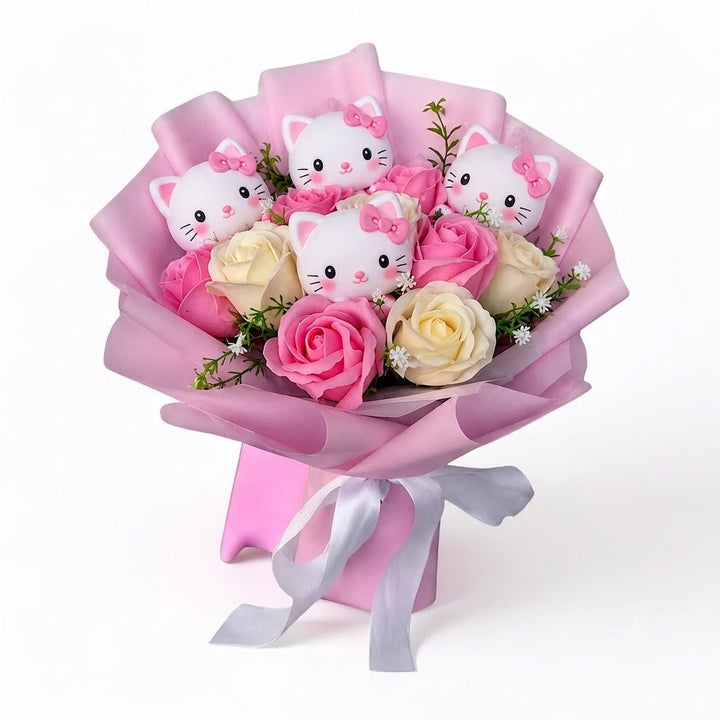 Bunter Kunstblumenstrauß mit Kitty-Figuren für Geschenke und Deko
