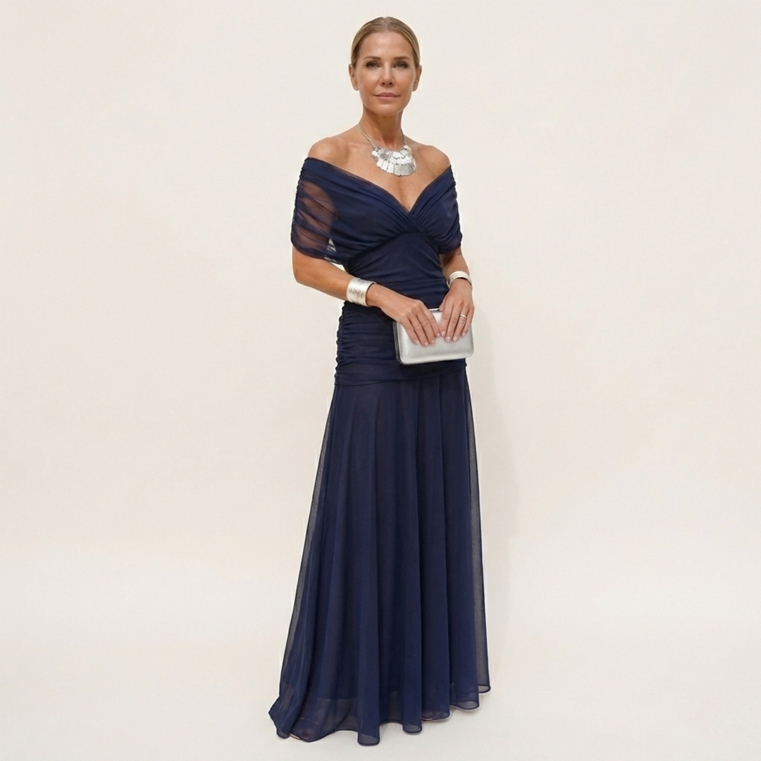 Langes, elegantes, fliessendes Damenkleid – V-Ausschnitt, raffiniertes Design