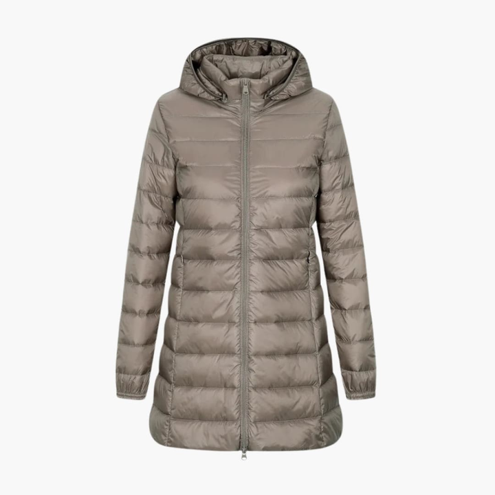 Damen Winter Daunenjacke mit Kapuze und langem Schnitt