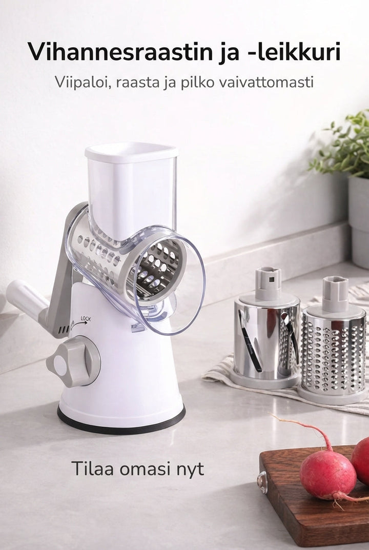 3-in-1 Rotationsgemüseschneider mit Saugfuß und austauschbaren Trommeln