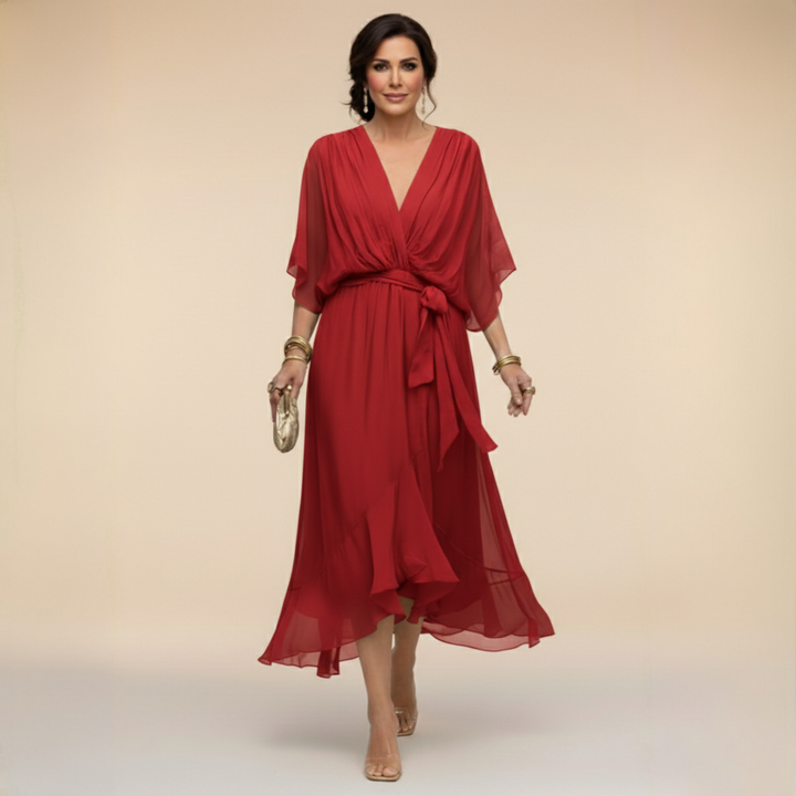 Elegantes, fliessendes Midikleid für Damen – V-Ausschnitt & verstellbare Taille